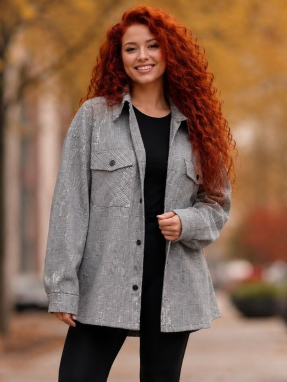 Bagatelle Collection Sequin Shimmer Button Blazer Plaid Collar Jacket Oversized